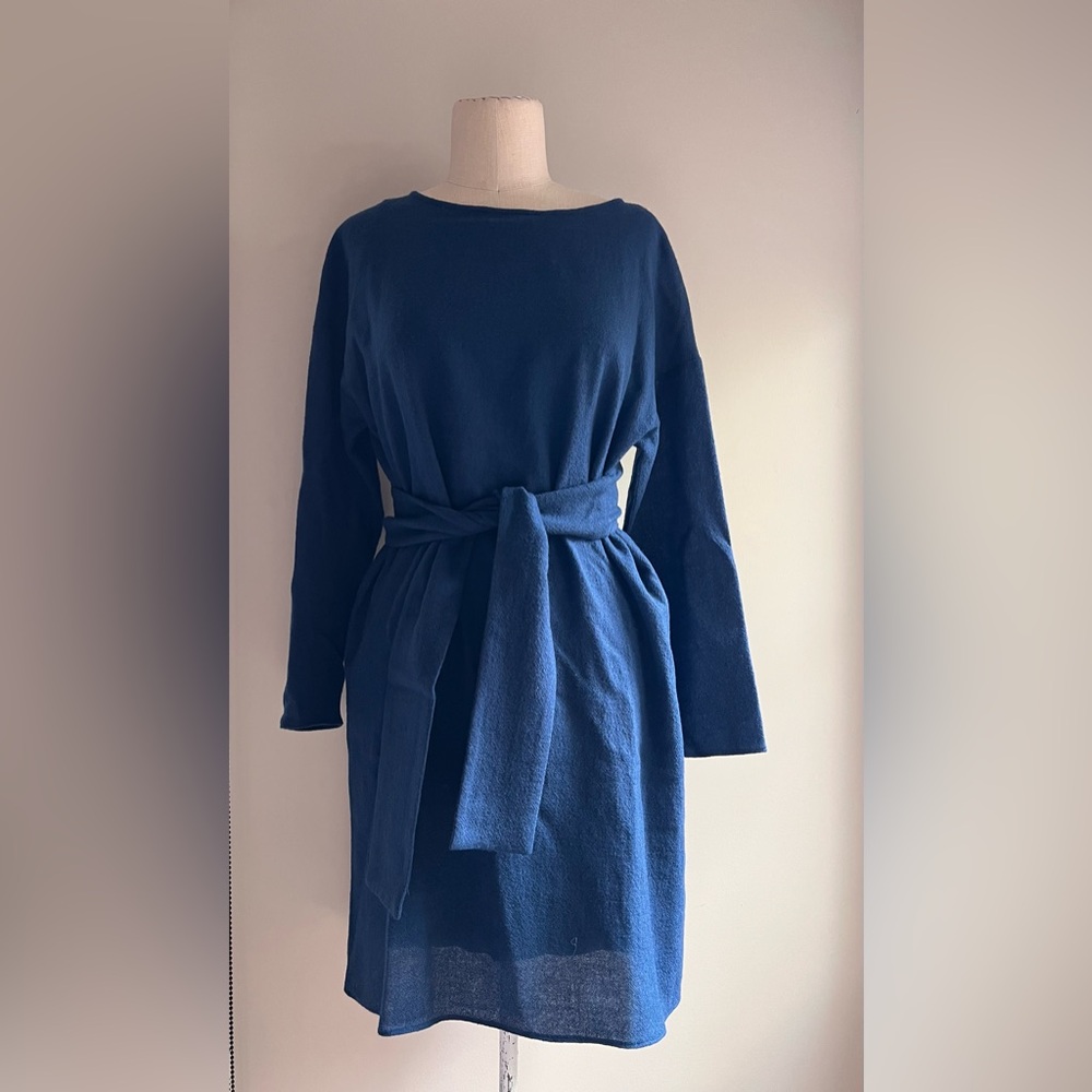 TIBI peacock blue wool long sleeve shift dress tie front sz small s